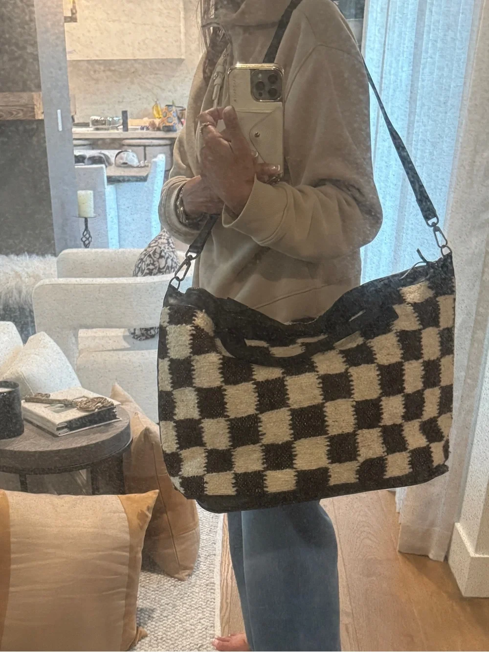 Nena & Co Brown and Cream Checkered Overnight Bag with Black Leather Trim - New! - Picture 15 of 17